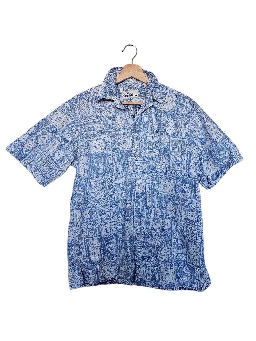 Reyn Spooner Hawaiian Cotton Blue Printed Short-Sleeve Camp Shirt Size Medium
